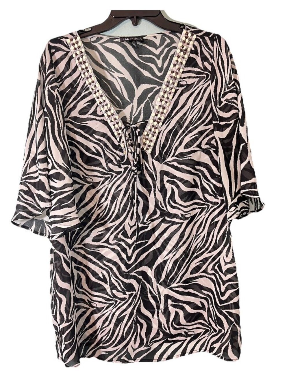 I.N. Studio Sheer Zebra Print Tunic Beaded Neckline Bathing Suit Cover Up Sz XL